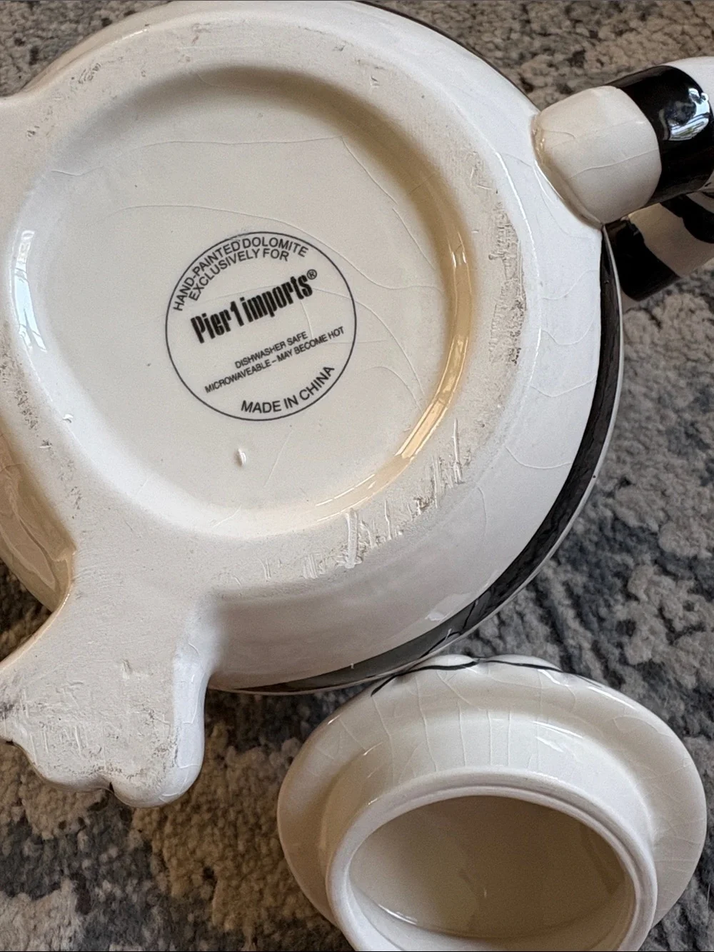 Pier 1 White and Black Striped Ceramic fat Cat Tea pot